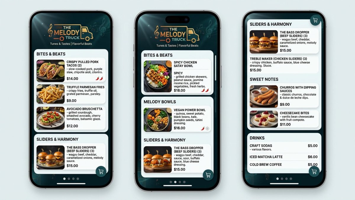 _STARAZURE's tweet photo. Menu Design Inspiration - May 2026 - Week 2
We’re starting a weekly menu design inspiration series where we redesign real menus into cleaner, more modern, mobile-friendly versions.

This week’s example: The Melody Truck redesigned in 3 different styles.

If you own a restaurant, café, bakery, food truck, bar, or any local food business try our FREE menu designer at  https://t.co/5vsm72UDUE which helps turn boring PDF menus, image menus, or menu links into beautiful, interactive digital menus that are easier for customers to browse, click, and use.