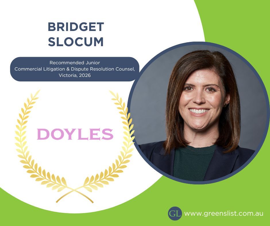 GreensList's tweet photo. List member Bridget Slocum has been featured in Doyle's Guide as Recommended Junior Commercial Litigation &amp; Dispute Resolution Counsel – Victoria, 2026

View the full lists here:
https://t.co/ltLI74a2B5 https://t.co/SnOV0GvyEq