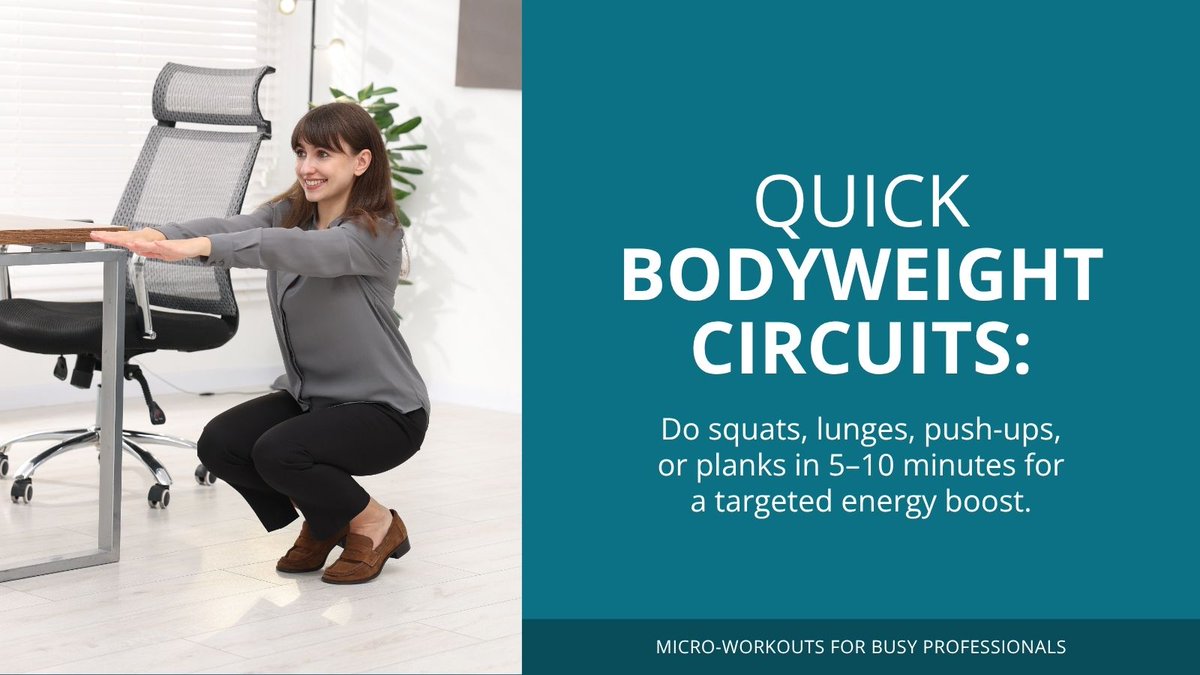 ErinWellness's tweet photo. No time to work out? You don’t need an hour.
10–15 minute micro-workouts can boost energy and focus:
 ▪️ Desk stretches
 ▪️ Bodyweight circuits
 ▪️ Walking bursts
 ▪️ Active transitions
Consistency > duration. Short sessions add up.
#WellBeing #WorkLifeHarmony https://t.co/9aICH7vauO