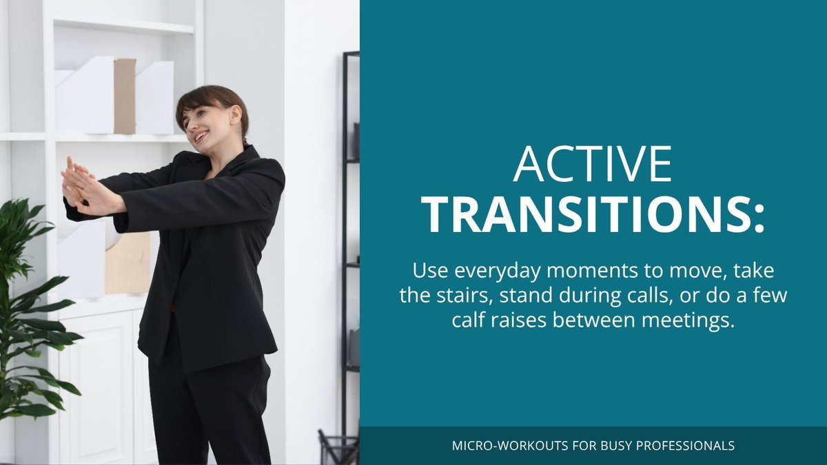 ErinWellness's tweet photo. No time to work out? You don’t need an hour.
10–15 minute micro-workouts can boost energy and focus:
 ▪️ Desk stretches
 ▪️ Bodyweight circuits
 ▪️ Walking bursts
 ▪️ Active transitions
Consistency > duration. Short sessions add up.
#WellBeing #WorkLifeHarmony https://t.co/9aICH7vauO