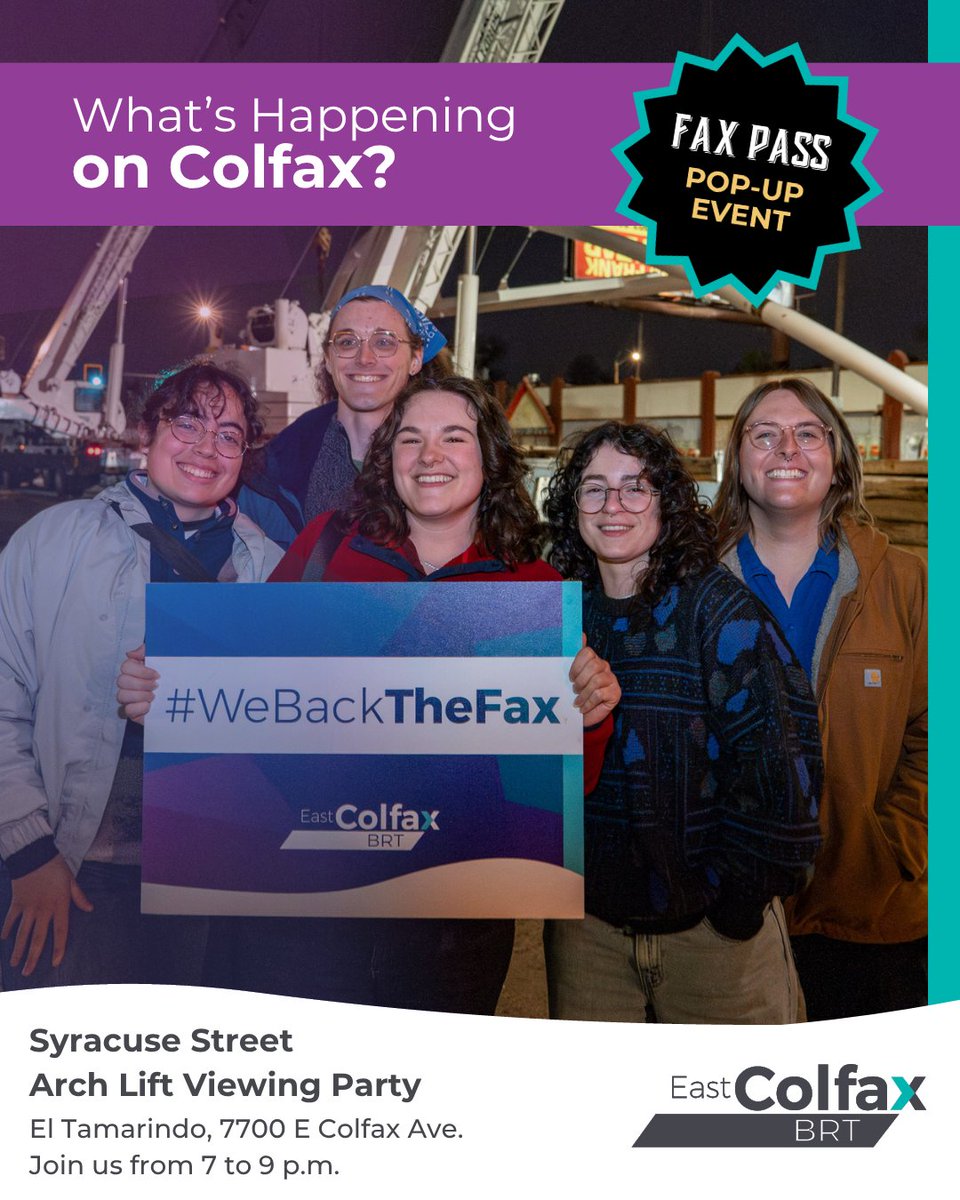 WeBackTheFax's tweet photo. The Syracuse Street arch lift viewing party is next week! We’ll be celebrating with the Fax Partnership at El Tamarindo on Tuesday, May 26, from 7-9 p.m.

🔗 RSVP at https://t.co/8baSQLNyVY 

#WeBackTheFax #ArchLiftParty #TheFaxPartnership https://t.co/pOWkQKgHS9