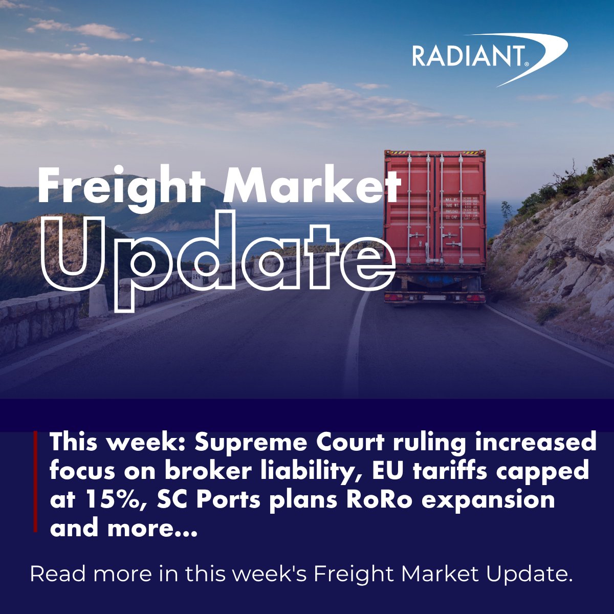 RadiantDelivers's tweet photo. This week: Supreme Court ruling increased focus on broker liability, EU tariffs capped at 15%, SC Ports plans RoRo expansion and more...

Stay ahead of what's moving the market: https://t.co/Kk4OmJHhaJ

#FreightMarketUpdate #RadiantDelivers #SupplyChainNews https://t.co/dRucyKbpYO