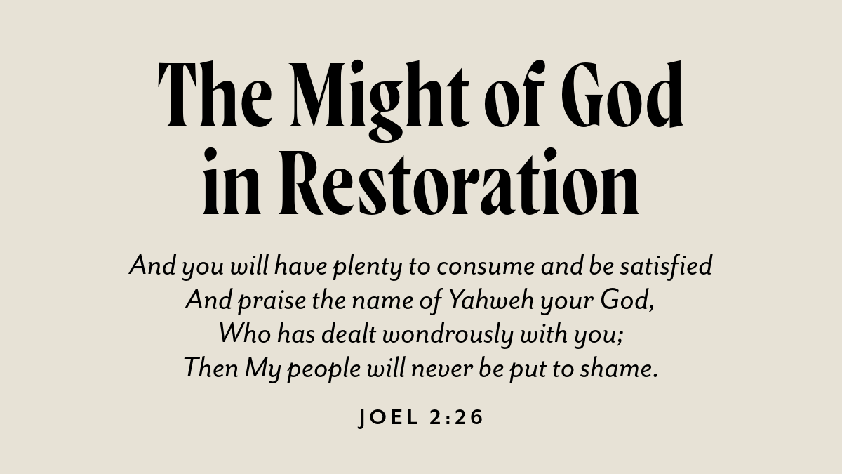 jmacpg's tweet photo. Today’s Devotional: “The Might of God in Restoration” 👇  

Then I will pay back to you in full for the years 
That the swarming locust has consumed, 
The creeping locust, the stripping locust, and the gnawing locust, 
My great military force which I sent among you. 
And you will have plenty to consume and be satisfied 
And praise the name of Yahweh your God, 
Who has dealt wondrously with you; 
Then My people will never be put to shame. 
— Joel 2:25–26   

Despite the devastation Israel has endured throughout history, God promised to restore and bless the nation. In Joel 2:25–26, Joel predicted the glory of Israel’s future after it had suffered severe humiliation.   

At the outset of the book, Joel discussed massive devastation among God’s people. He described creeping locusts consuming what the swarming locusts did not, and the stripping locust consuming what the creeping locust did not (1:4). Joel had recounted how fire would consume the pastures (1:19–20) and how an eschatological army would have a fire consume before them (2:3). In fact, they would destroy the people like a flame consumes the stubble (2:5). Joel used the word consume to denote the power of God’s raging and all-consuming wrath.   

However, in Joel 2:25–26, a reversal unfolds. God said He would pay back His people for the years that the locust consumed (2:25). While God’s judgment did ravage the land, God would now bless the land with abundance. Joel said that Israel would have plenty to consume and be satisfied (2:26). They would not only regain what they lost but also enjoy its abundance in their land. God will demonstrate that He not only can undo the damage that was done but that He can also transform devastation into beauty. That is who our all-powerful God is: He is mighty to restore.  
____ 
This devotional is adapted from 𝘞𝘰𝘯𝘥𝘦𝘳𝘧𝘶𝘭 𝘛𝘩𝘪𝘯𝘨𝘴 𝘧𝘳𝘰𝘮 𝘠𝘰𝘶𝘳 𝘓𝘢𝘸, available as a paperback or Kindle ebook (https://t.co/eoqU1pw1tJ).
