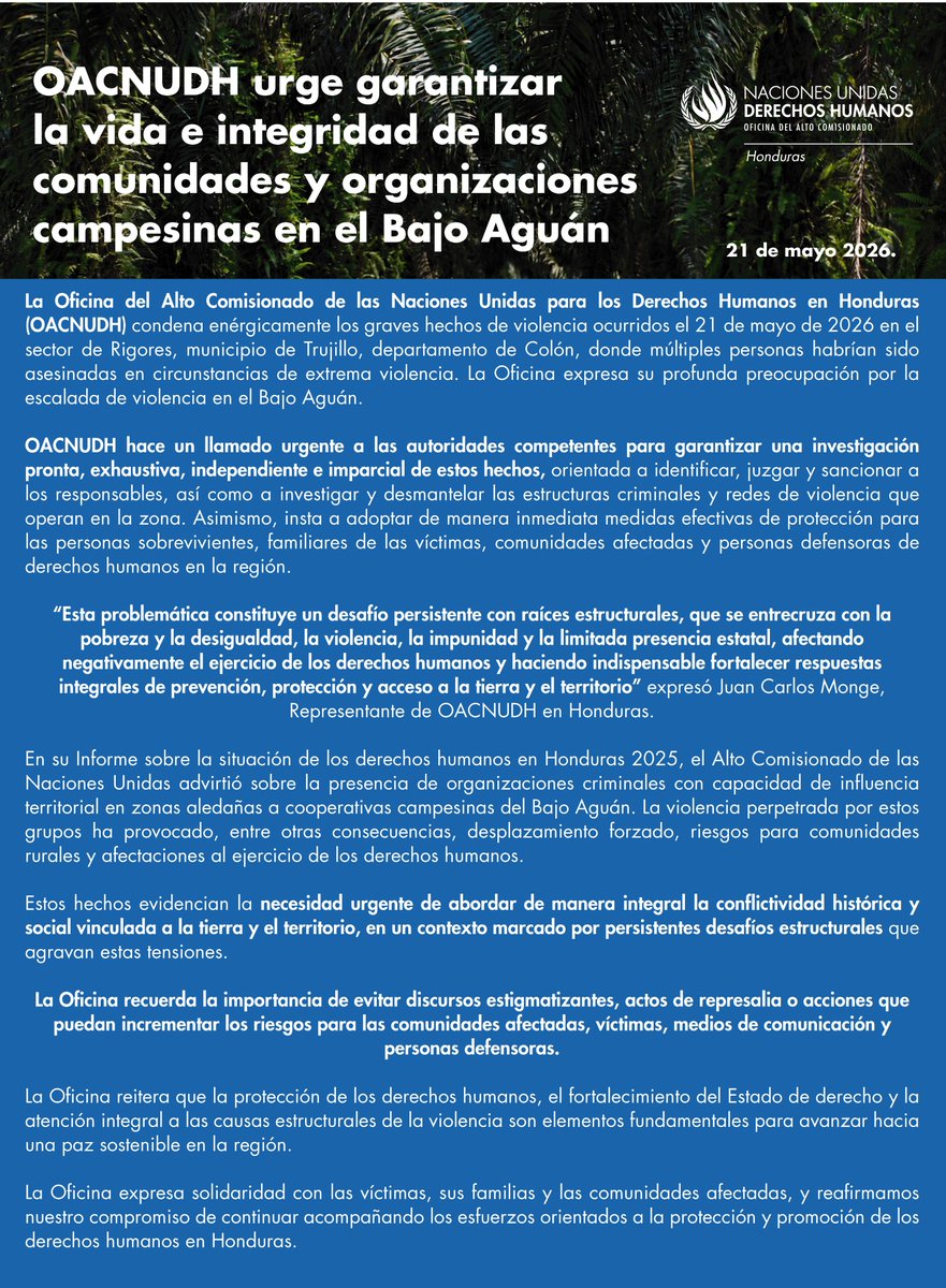 OACNUDHHN's tweet photo. 📢COMUNICADO | OACNUDH urge garantizar la vida e integridad de las comunidades y organizaciones campesinas en el Bajo Aguán.

Condenamos enérgicamente los graves hechos de violencia ocurridos el 21 de mayo de 2026 en el sector de Rigores, municipio de Trujillo, departamento de Colón, donde múltiples personas habrían sido asesinadas en circunstancias de extrema violencia. La Oficina expresa su profunda preocupación por la escalada de violencia en el Bajo Aguán.

📰Lea el comunicado completo aquí: https://t.co/JJ1NZjtKI4