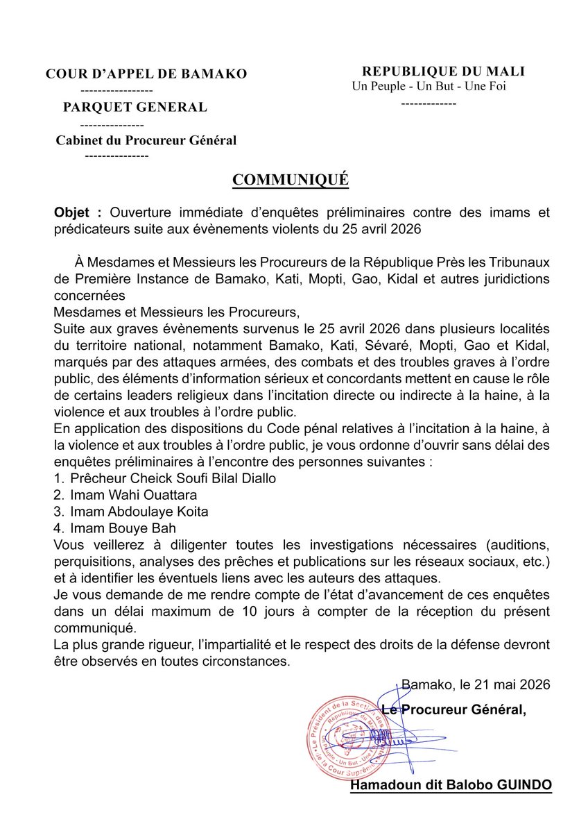TomLope95565011's tweet photo. #MALI

*Justice et fuite d’informations*

Ce 21 mai 2026,  le procureur général à ordonné l’ouverture d’enquêtes visant plusieurs personnalités religieuses au Mali.

Des figures religieuses sont ciblées depuis plusieurs années. https://t.co/zURJex0Kt3