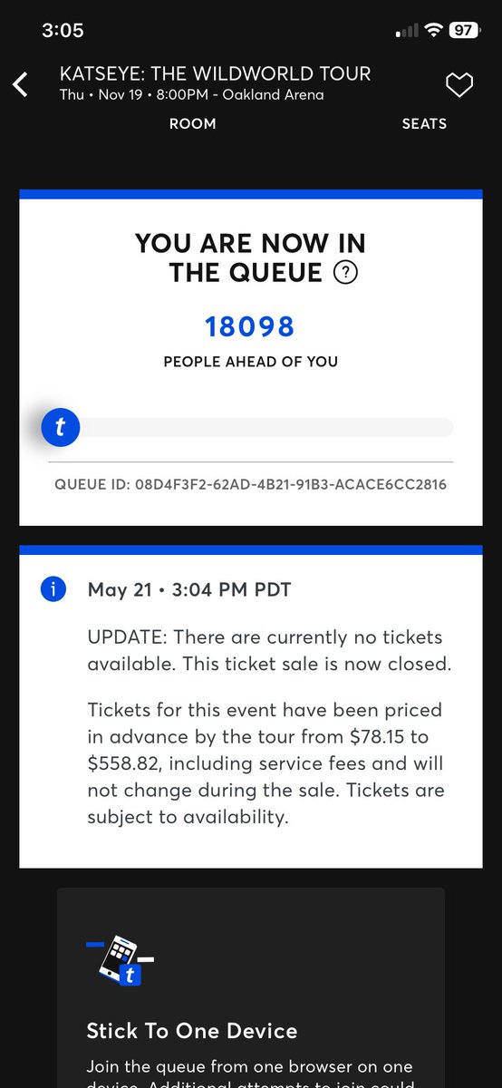 vmendoza73's tweet photo. @katseyeworld Oakland sold out in 4 minutes! Did they have 20 general sale only cux this makes no sense https://t.co/nUdl9UAYdN