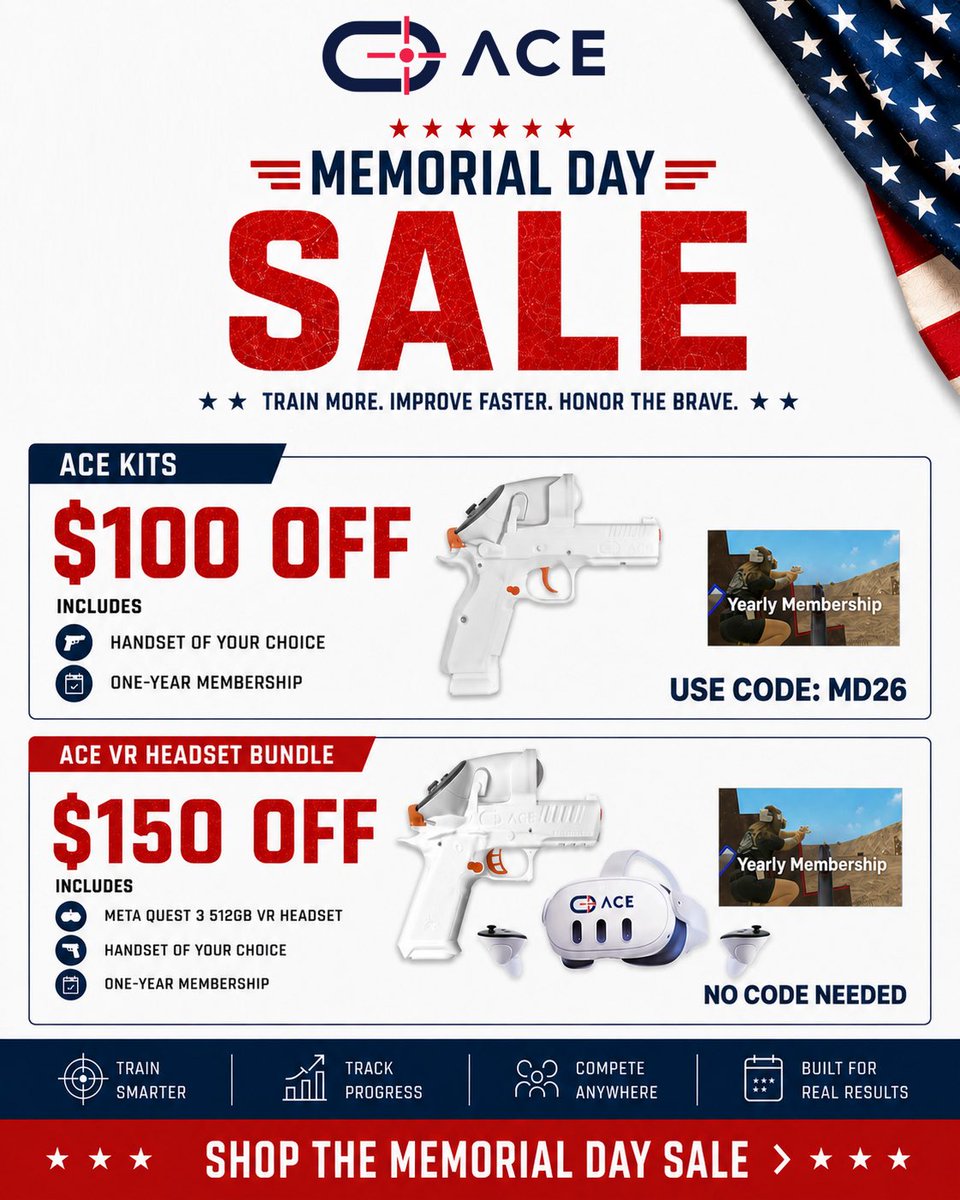 acevrshooting's tweet photo. Use Code MD26 to save $100 off any Kit

All Bundles $150 Off - Discount Applied Automatically

Sale ends 5.25.26 at Midnight CST.

This Memorial Day, we remember and honor the brave men and women who gave everything for this country. Their sacrifice made the freedoms we enjoy possible, including the ability to spend time with the people we care about most.

As you enjoy the weekend with friends and family, take a moment to reflect, appreciate, and continue striving to improve every day. From all of us at Ace, thank you, and have a safe Memorial Day weekend.

https://t.co/wiTQ2pHYoc
