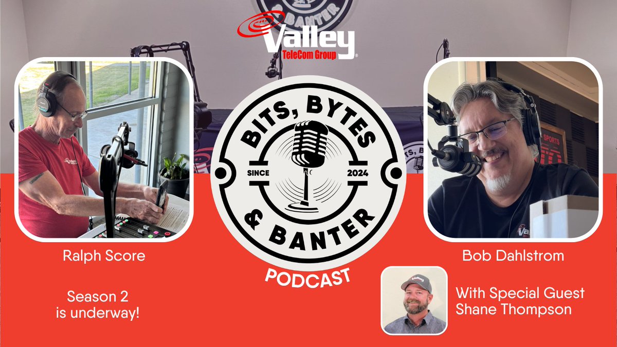 Valley_TeleCom's tweet photo. We're happy to announce that season 2 of Valley's Bits, Bytes &amp; Banter #podcast is finally here!
In the latest episode, Dir of Operations Shane Thompson shares the latest plans for our fiber network &amp; a lot more. Click the link in our bio to head to hear our newest episode! https://t.co/L9G5oa4CZ3