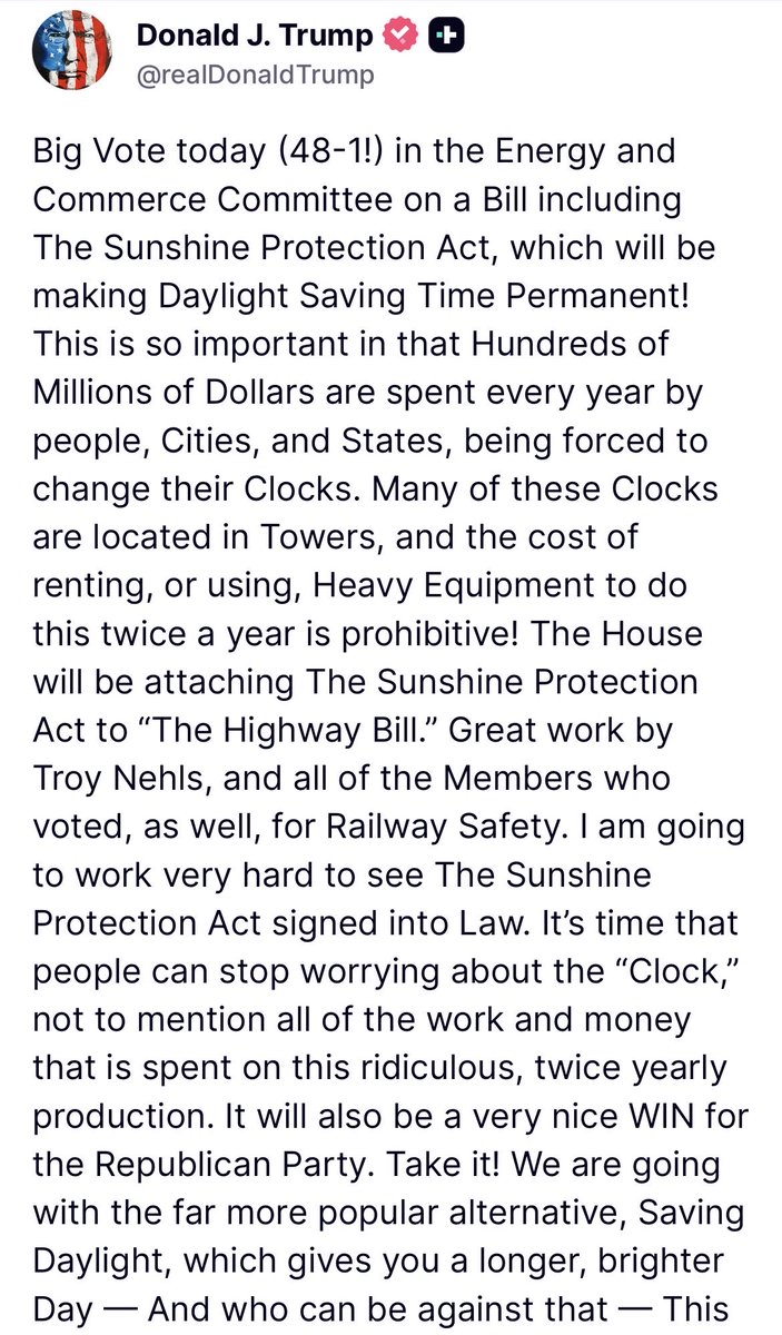 emilybrooksnews's tweet photo. Trump says the House will attach a bill making Daylight Savings Time permanent to “the highway bill” https://t.co/NVKckC0aoN
