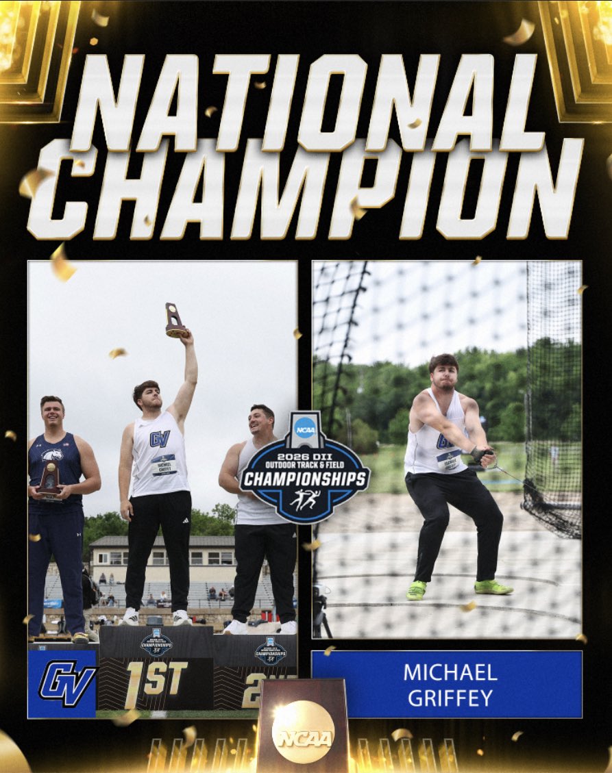 NCAADII's tweet photo. 🏆 NATIONAL CHAMPION🏆
 
Michael Griffey of @gvsulakers wins the hammer throw with a mark of 69.87M.
 
#MakeItYours | #D2MOTF https://t.co/1MrYzH6UaN