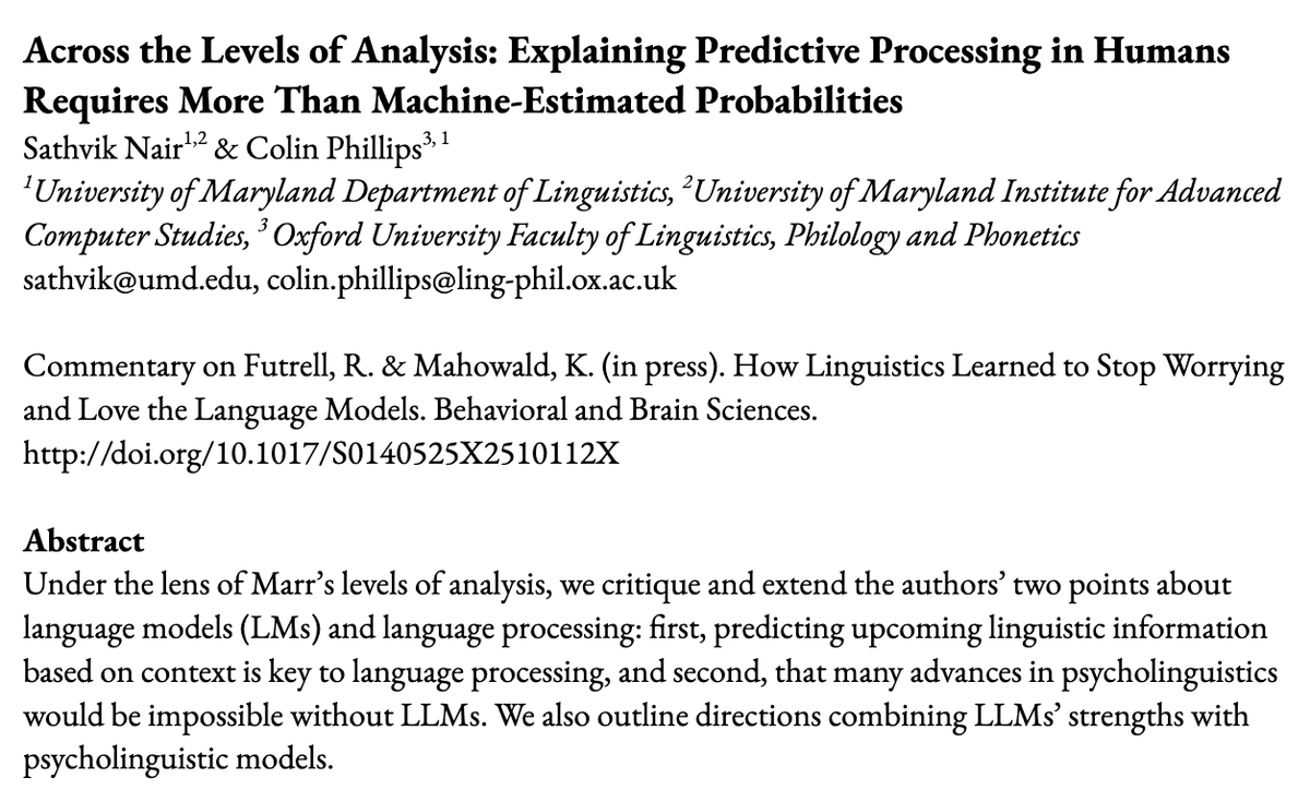 sathvikn4's tweet photo. What (if anything) can LLMs tell us about human language processing? 

I discuss this question and how psycholinguistics is moving forward with @ColinPhillips2, to appear in BBS as a commentary on Futrell &amp; Mahowald's article about LLMs &amp; linguistics. 
https://t.co/mh3C3NrFIL https://t.co/2EDkmq2WIU