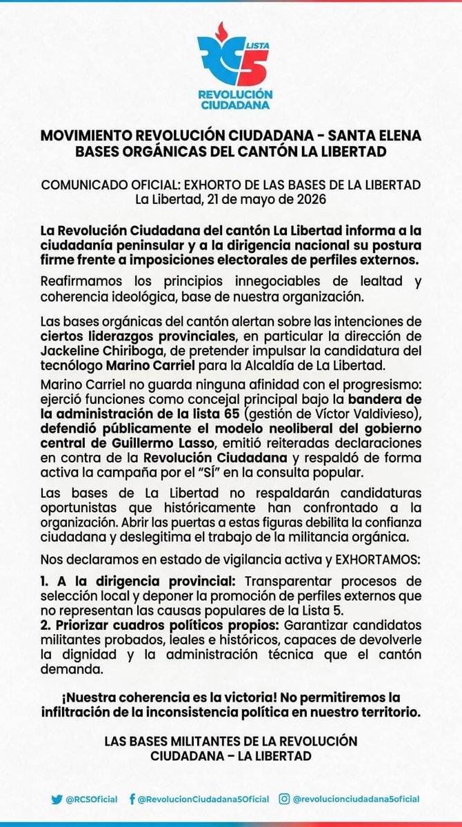 ComunicacionImp's tweet photo. 🚨 ¡ALERTA EN LA LIBERTAD! Las bases orgánicas de la Revolución Ciudadana emiten un EXHORTO URGENTE contra la imposición de Marino Carriel (exlista 65, pro-Lasso). La lealtad y la militancia histórica de la Lista 5 no se negocian. ¡Cero infiltrados! 👇
​#LaLibertad #Lista5 https://t.co/92vvk7BcjC