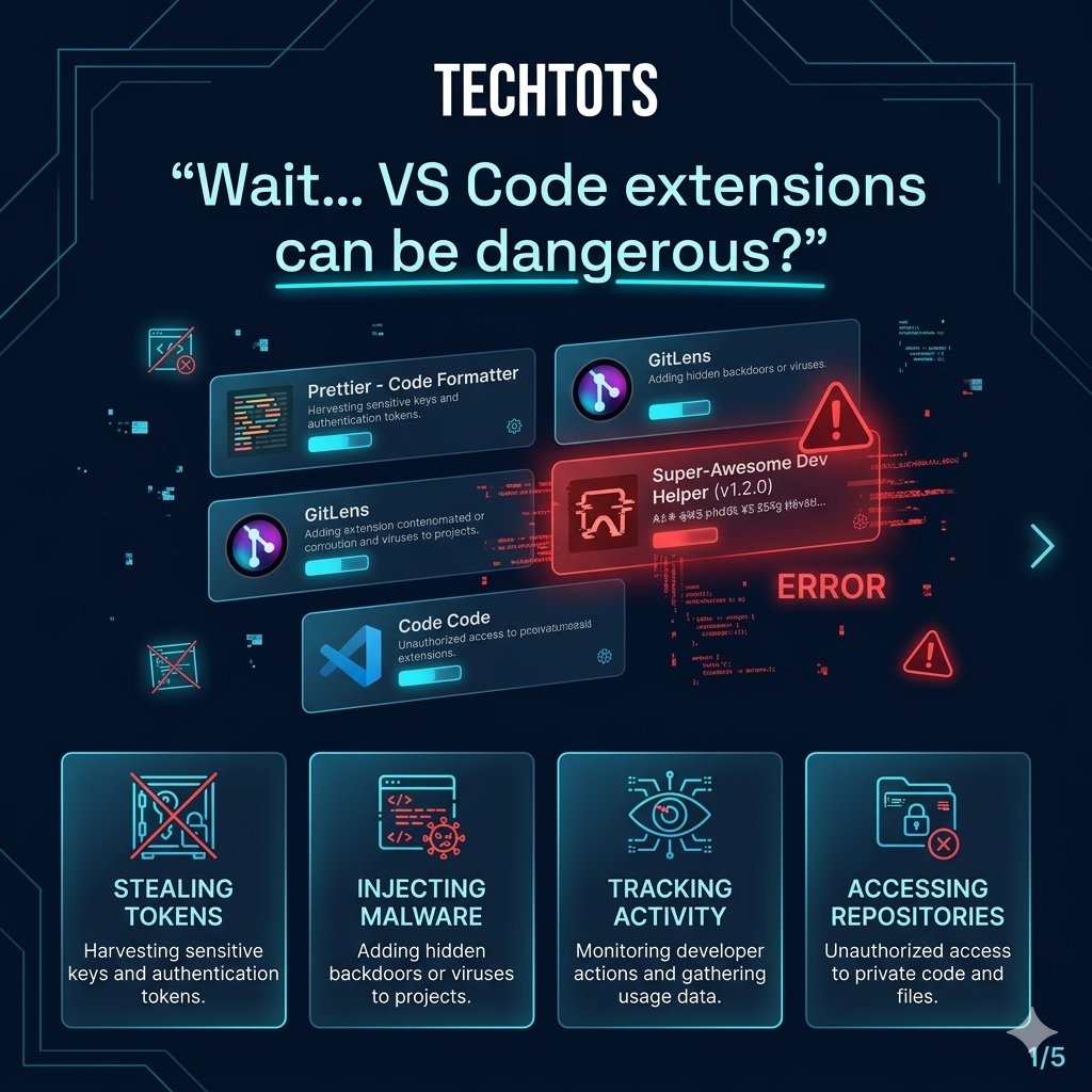 TechTotsGen's tweet photo. GitHub got hacked… and it allegedly started from a VS Code extension 😳💻
One unsafe tool can expose everything. 🔐
Swipe to see what happened 👉
Follow Techtots for more tech breakdowns 💙
#GitHub #CyberSecurity #VSCode #TechNews #Coding #Developers #Techtots #Programming https://t.co/4nFKWaZyHL