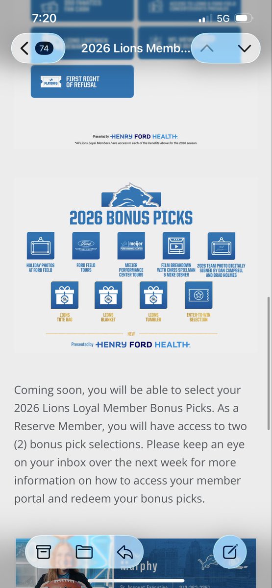 ksmit216's tweet photo. The @Lions LLM bonuses this year are kind of a drag. No more gift cards, tailgates or on field experiences. Nothing says we value our ticket holders like a tote bag https://t.co/k66yum9wzA