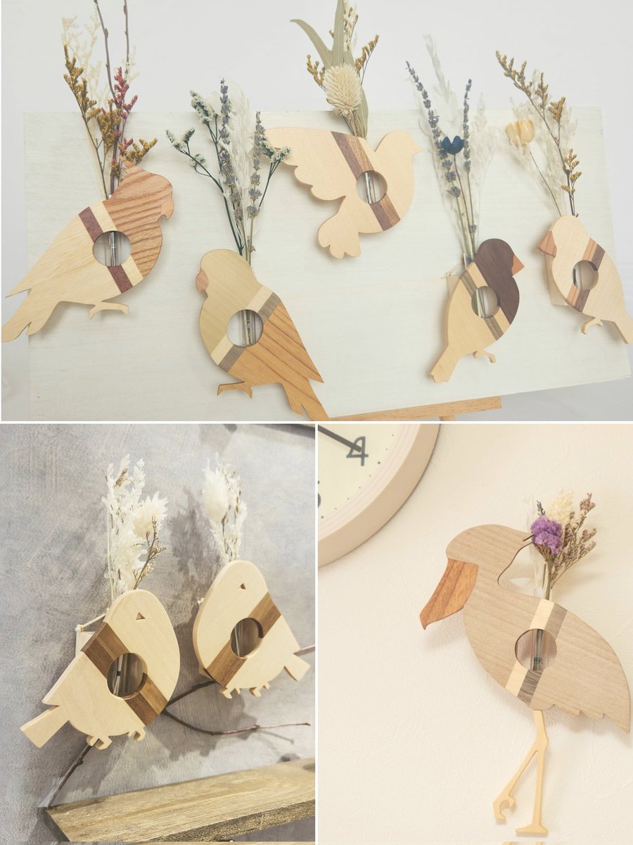 木彫りの壁掛け【匿名配送】 デザフェス63【お品書③】 『小鳥の壁掛け一輪挿し』 ¥3,500〜¥4,500