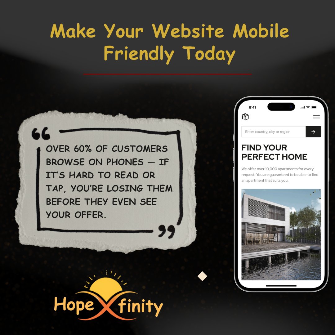 hopefinity0's tweet photo. Over 60% of customers browse on phones if it’s hard to read or tap, you’re losing them before they even see your offer. Quick 2-minute check: Open your site on your phone right now.

#Hopefinity #WebsiteTips #SmallBusinessOwner #MobileFriendly #BusinessGrowth #WebDesignTips https://t.co/hWKN7J1LQl