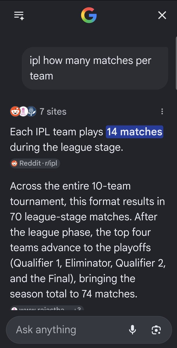 dsramanan's tweet photo. Example:
I asked about how many matches each team plays in the IPL, and even the AI response was confusing/inaccurate.
AI is becoming fast… but not always reliable. 🤖

Total 14 matches
8 intra group matches 
3 inter group matches 
3 seeded inter group 
If we calc it total 17 https://t.co/hzoCifT61w