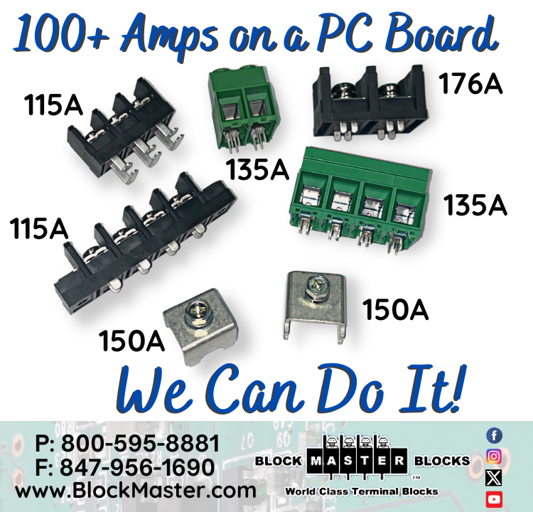 BlockMaster1680's tweet photo. We have no issues getting you 100+ Amps on a PC Board! Contact us to learn more. #electronics #terminalblocks https://t.co/c0N9iVLfdp