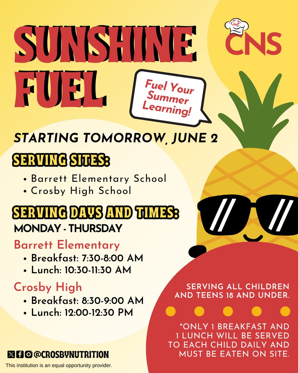 CrosbyNutrition's tweet photo. The @CrosbyISD summer meal program starts tomorrow, June 2nd! 🍽️

Reminder: Children and teens 18 and under must be present to receive meals at no cost. Join us, and enjoy a delicious and nutritious breakfast and lunch! 🌞🍎

#committedtostudents #cougarpride #bettertogether https://t.co/u7iBDMs33X