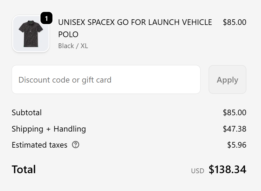 Niner808's tweet photo. @SpaceX @elonmusk $47 for shipping to Honolulu for a polo? 😥Is it delivered via Starship? https://t.co/9mOpFC0tPp