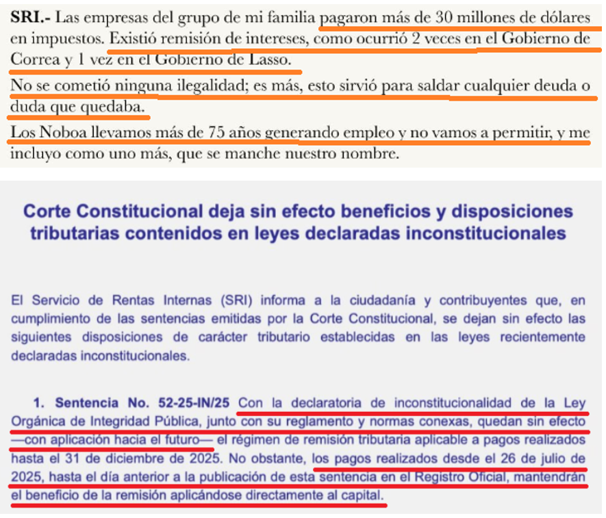 dolarizacionEc's tweet photo. RESPUESTA AL COMUNICADO DE @DanielNoboaOk  SOBRE EL SRI: REMISIÓN A EXPORTADORA NOBOA QUE UTILIZÓ A LAS INSTITUCIONES DEL ESTADO PARA QUE SEA LEGAL PERO CON EVIDENTE Y GROTESTO CONFICTO DE INTERÉS.

Tal como lo demostramos en su momento (ver tuits antiguos de referencia de este Observatorio), en la remisión tributaria hecha a Exportadora Bananera Noboa S. A. hubo un evidente y grosero conflicto de interés. Y si fue legal, se hizo con la complicidad de la @CorteConstEcu, al dejar sin efecto jurídico la Ley de Integridad Pública días después que ya se hizo la remisión a Exportadora Noboa.

La Sentencia No. 52-25-IN/25 de la @CorteConstEcu  mantuvo el beneficio durante el tiempo que justo Exportadora Noboa hizo abonos para acceder al beneficio completo de la remisión (ver comunicado de la Corte👇). Y si bien hubieron remisiones de gobiernos anteriores por qué entonces Exportadora Noboa, al ser una deuda que se arrastraba de años atrás, no las aplicó? Llama profundamente la atención. 

Tampoco el @SRIoficialEc (su última directora fue exempleada del Grupo Noboa), ha explicado al país el costo fiscal de las condonaciones tributarias realizadas durante el gobierno del “Nuevo Ecuador”.

Lo cierto es que @DanielNoboaOk  hizo dos remisiones desde nov 2023 que llegó a la presidencia. La segunda, a diferencia de la primera realizada apenas entró a gobernar (dic 2023), contó con la complicidad de los asambleístas de ADN y aliados, al eliminar el texto respecto a que no se podía acoger a este beneficio tributario, el presidente de la República, asambleístas provinciales y nacionales, ni sus familiares hasta el cuarto grado de consanguinidad y segundo de afinidad. Esa eliminación que se hizo en la Ley de Integridad Pública fue también con informe previo de @FinanzasEc, al ser una ley económica urgente.

Una obligación tributaria histórica pendiente de Exportadora Noboa que -de nuestros archivos- originalmente era de USD 95,5 millones (junio 2025) y tan solo fue impugnada USD 1,5 millones. Deuda tributaria en firme que en cuestión de semanas disminuyó drásticamente a USD 21, 8 millones (julio 2025), luego quedó en USD 6,1 millones (septiembre 2025), ahí se cambió al Director del @SRIoficialEc. En octubre 2025 quedó en USD 3,6 millones. A la presente fecha Exportadora Noboa no tiene deuda y todos sus establecimientos (24) existentes en el país han sido cerrados.

Es necesario una auditoría forense de las remisiones tributarias realizadas en los últimos años, que pueden ser legales, pero considerando la delicada situación fiscal, es necesario saber en cuánto mismo se perjudicó el país y quiénes, además de Exportadora Noboa,  se beneficiaron.
