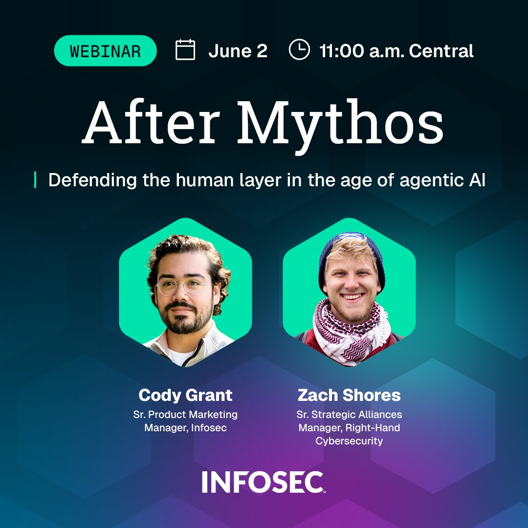 InfosecEdu's tweet photo. Join Zach Shores (Right-Hand Cybersecurity) and Cody Grant (Infosec) on Tuesday, June 2 at 11:00 a.m. CT for a live webinar on strengthening the human layer with realistic simulations, contextual coaching and measurable risk reduction. 

👉 Save your spot: https://t.co/tz7IQJJULk https://t.co/Wgtuvu9TL8