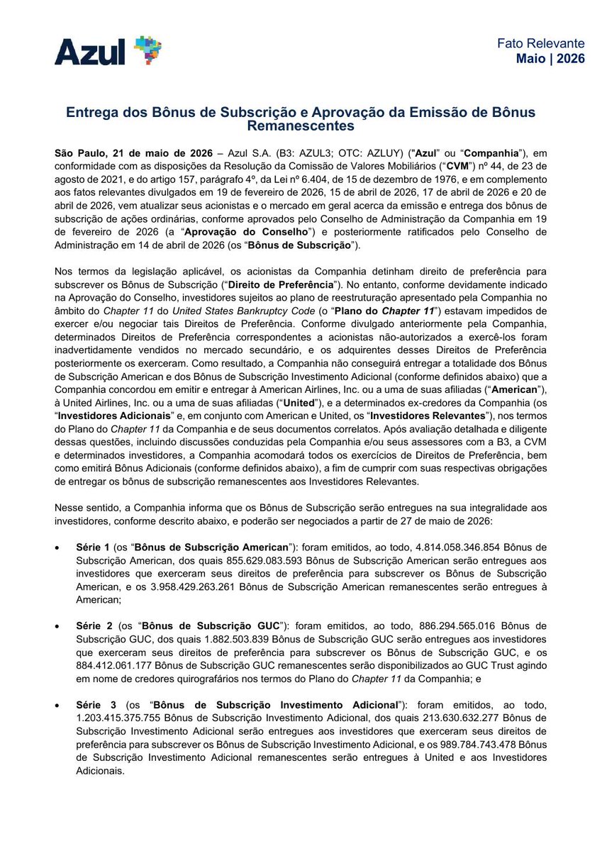AvisosDaBolsa's tweet photo. AZUL S.A. - Entrega dos Bônus de Subscrição e Aprovação da Emissão de Bônus Remanescentes #AZUL4 https://t.co/68lGeSCh6o
