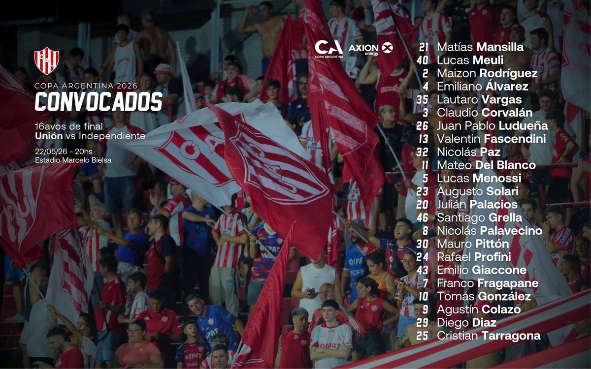 ATodoUNION's tweet photo. #Unión | 📋 Lista de concentrados para enfrentar a Independiente, por los 16avos de la Copa Argentina. #VamosTate! 🇦🇹 https://t.co/1zO8GVvYQH