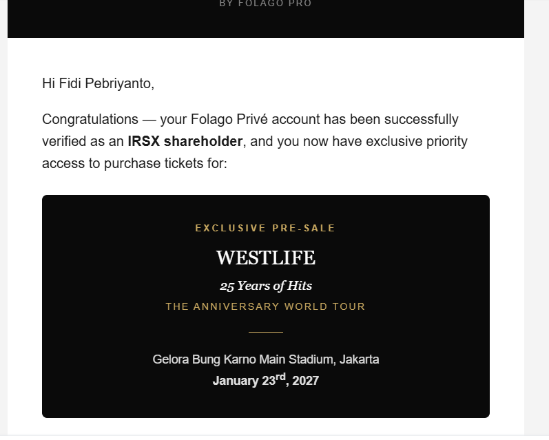 18thvisuals's tweet photo. wts kode unik westlife dapet folago privé access dengan benefit priority access tanpa antre general queue, bisa checkout sampai 4 tiket, akses eksklusif ke future premium events folago pro dan kode cuma berlaku 1x transaksi. yang serius &amp; ready langsung dm aja https://t.co/MFq6oLhL82