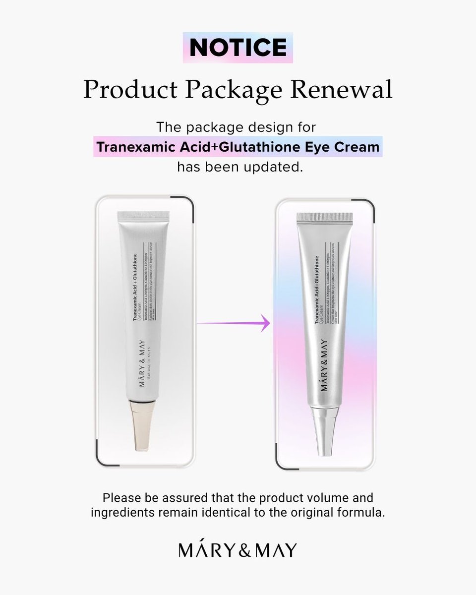 marynmay_global's tweet photo. ✨ Mary&May's Popular Eye Cream has a fresh new look 💜
We have renewed the packaging and updated the wording for a refreshed design ✨
But don’t worry, the formula, ingredients, and product volume you know and love remain exactly the same!
#marynmay #EyeCream #PackageRenewal https://t.co/y45P6E725D