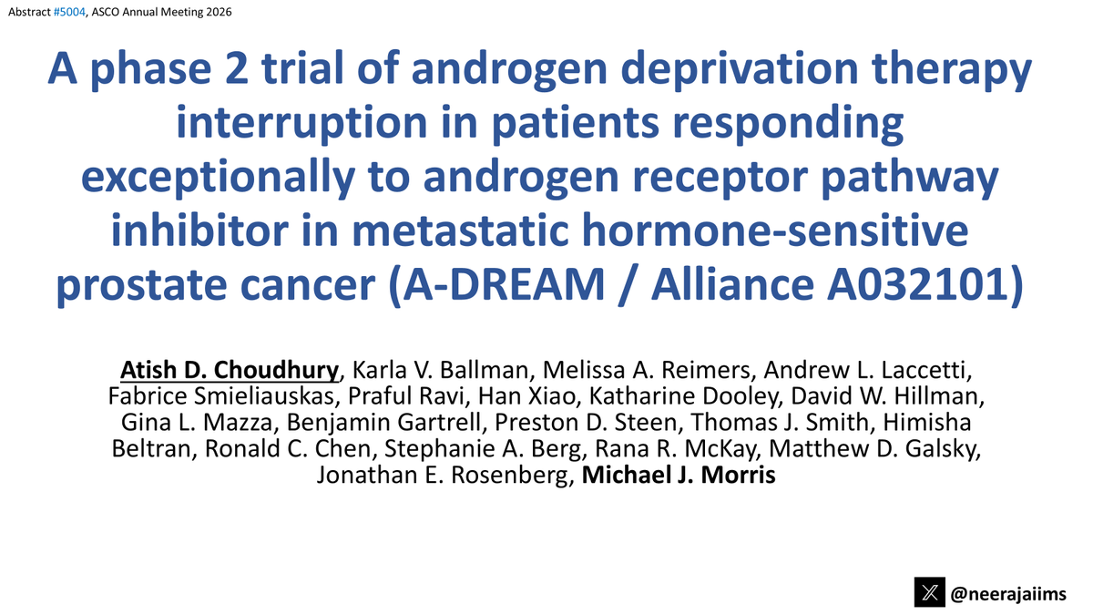 neerajaiims's tweet photo. Ab#5004 @ASCO #ASCO26 by @AtishChoudhury👉 https://t.co/H6fxSyBYJB👉Ph2 de-escalation trial of Rx interruption in pts w/ mHSPC w/ PSA<0.2 ng/ml #prostatecancer👉41%  remained Rx-free w/ testosterone recovery at 18 mo after Rx interruption👇 @OncoAlert @urotoday @PCF_science https://t.co/4tmUtvYzy2