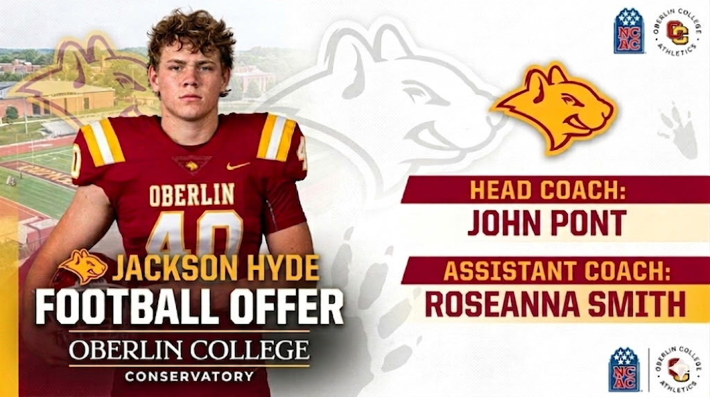 JacksonHyde40's tweet photo. Extremely blessed and honored to receive an offer from Oberlin College! Thank you @CoachSmith67 for the opportunity and a great conversation. Look forward to seeing you soon! @Yeo_Football π‘π΄ https://t.co/B6DgLjOkvC