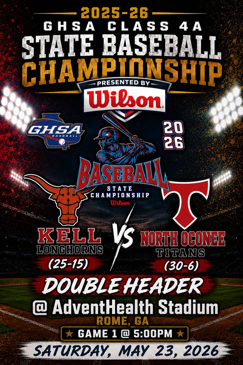 OfficialGHSA's tweet photo. Baseball State Championship | Class 4A 🏆
@kellhsathletics vs @NorthOconeeBASE - 5pm (DH)
                @AdventHealth Stadium-Rome 
🎟️ Tickets at @GoFanHS     @wilsonballglove 
💻 Watch Live at @nfhsnetwork    @AthletesGoLive 
📰 Fan Guide at https://t.co/hCqjSogyWS   @My_PigeonForge 
       ⚾️Live Stats Available @ https://t.co/AYPmQNkGbz
