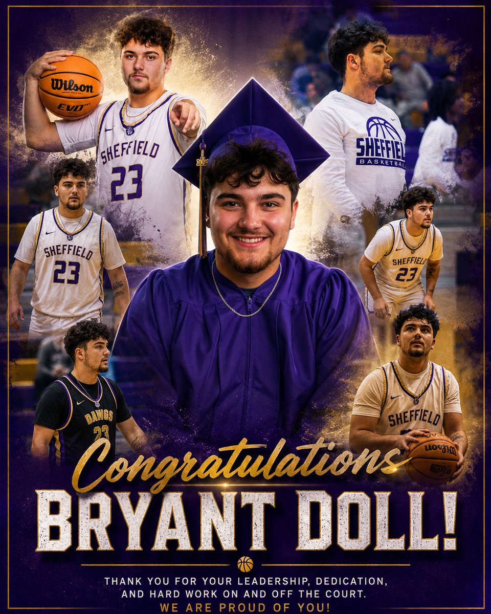 sheffieldmbb's tweet photo. One chapter closes. Another begins. 

Congratulations! We’re so proud of you, Bryant Doll. Thank you for all of the memories and representing Sheffield Basketball the right way. 💜🏀🎓 https://t.co/uDCmKGzLfe