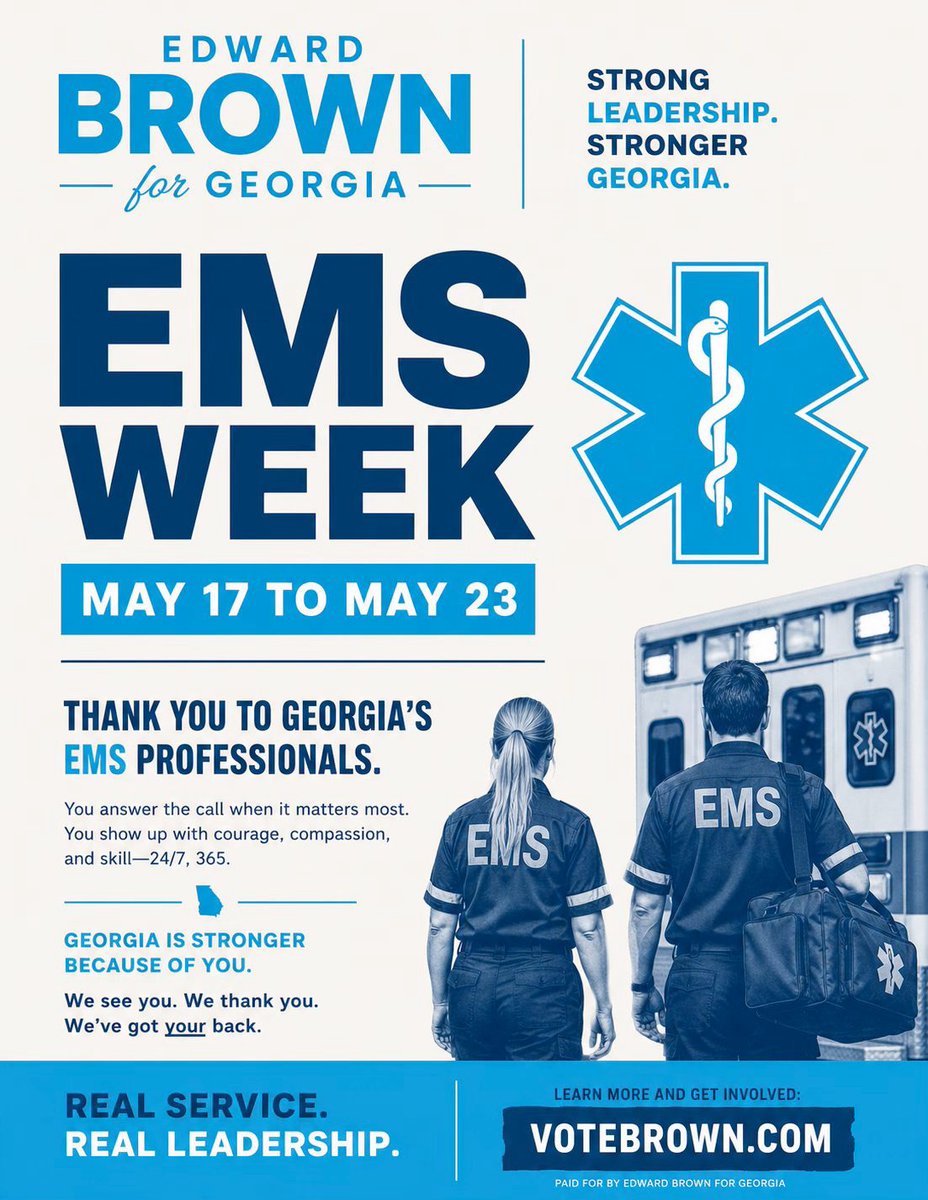 EdwardBrownGA's tweet photo. Thank you to Georgia's EMS professionals! You answer the call when it matters most. You show up with courage, compassion, and skill—24/7, 365. Georgia is stronger because of you. We see you. We thank you. 

Dr. Edward Brown, State Senator-Elect, SD12, Georgia https://t.co/qo1t1oy3TK