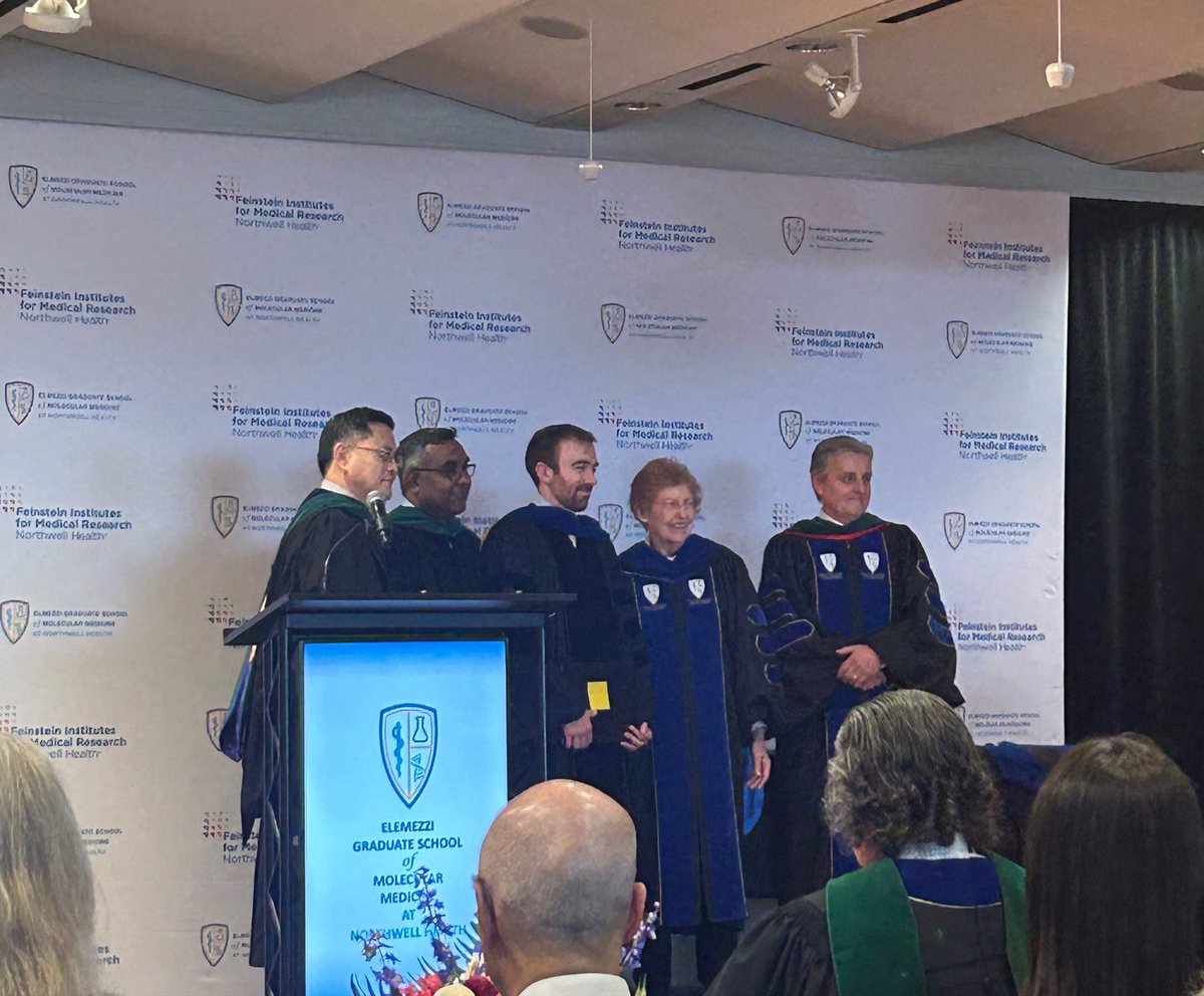 changsbrain's tweet photo. Commencement ceremony for the Elmezzi School of Molecular Medicine #TheFeinsteinInstitutes @NorthwellHealth. Congratulations to new physician-scientists Dr Alexandra Bekiaridou @hightroponin with mentor Dr @StavrosZanos, and Dr Russell Hollis with mentors Drs Ping Wang and Monowar Aziz!