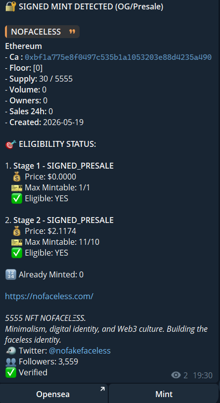 cidoneth's tweet photo. gm

cooked a bot that scans @opensea  and checks whether my wallet is WL for any NFT collection or not. it also sends me updates and auto-mints if the collection is free.

Cool, isn’t it? https://t.co/zVcIw8P4bN