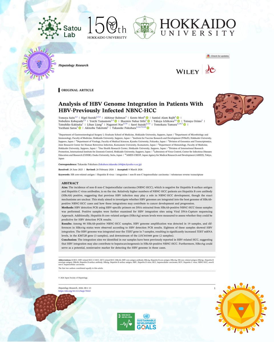 Sato_Y_Lab's tweet photo. Is “HBV-negative” liver cancer truly virus-free? We’re pleased to contribute to a new study led by Prof. Takasuke Fukuhara (@kyushuuniversity), exploring how past HBV infections can leave behind genomic footprints that drive hepatocarcinogenesis. 🧬👇
https://t.co/stZZxX8RM3 https://t.co/w6pG1utg1r
