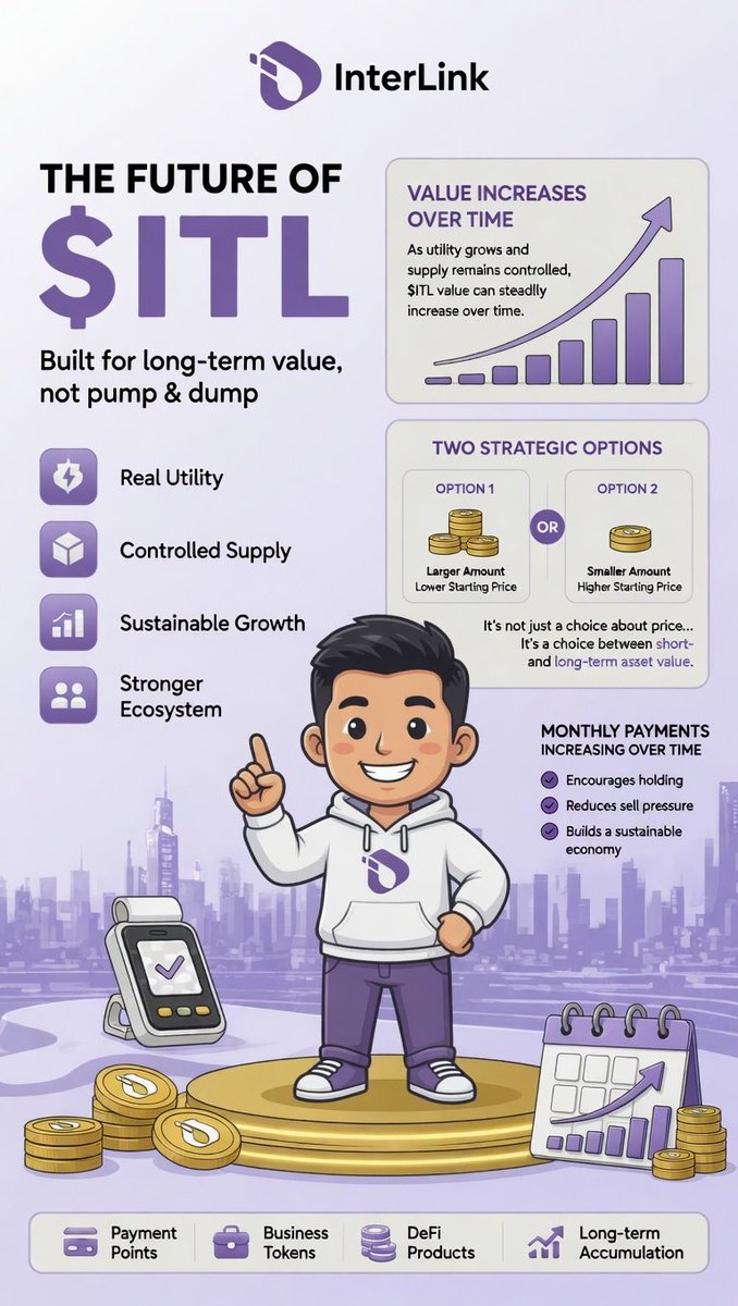 trungdaocoin's tweet photo. The main circulating supply of $ITL may only come from the first migration, while ecosystem demand continues to expand through:

 Payment Points
 Business Tokens
 DeFi Products
 Long-term accumulation demand

This means:
As utility grows while supply remains controlled, the value of $ITL could steadily increase over time instead of depending entirely on external market volatility.

InterLink is also presenting the community with two strategic options:

🔹 Receive a larger amount at a lower starting price
or
🔹 Receive a smaller amount at a higher starting price

This is not just a choice about price…

It’s a choice between:
 short-term profit
and
 long-term asset value.

In addition, the monthly payment model with gradually increasing value shows that InterLink aims to build an economy that:
👉 encourages holding,
👉 reduces sell pressure,
👉 and creates long-term sustainability for the entire ecosystem.

If InterLink’s fintech ecosystem develops according to its roadmap, then $ITL could become more than just a token — it could evolve into a real utility-based digital asset for the future. 
 #InterLink #ITLG #ITL #InterLinkActiveBounty3 #WorldCup2026 #TrungCryptof #crypto