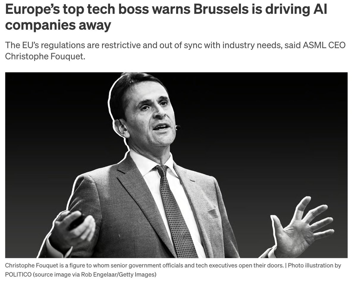DGProgress's tweet photo. 💬 “We didn’t start running, we didn’t start even walking, and we already had in front of us all the obstacles to not be able to make even the first step.”

Strong words from Christophe Fouquet, the boss of ASML, Europe's largest company, in an interview with POLITICO.

🔹 Fouquet said the EU's AI Act could encourage European companies to develop AI outside the bloc "If they cannot do it hear, they will do it elsewhere".

🔹 But what about the Commission's simplification push? “The idea that you make something very complex, then simplify it, and that you end up with something good … is a bit strange." Lesson here: don't make regulation complex in the first place.

🔹 Should governments favour European companies in public procurement? Probably not. "No country will ever have it all... to have preference, you first have to have something you can prefer.”

The solution? Create the conditions that create AI demand, and leave it to the industrial sector to respond and build out infrastructure ("because they know how to do it"). Let industry cook! 🚀

https://t.co/Nt9gP0xqaI