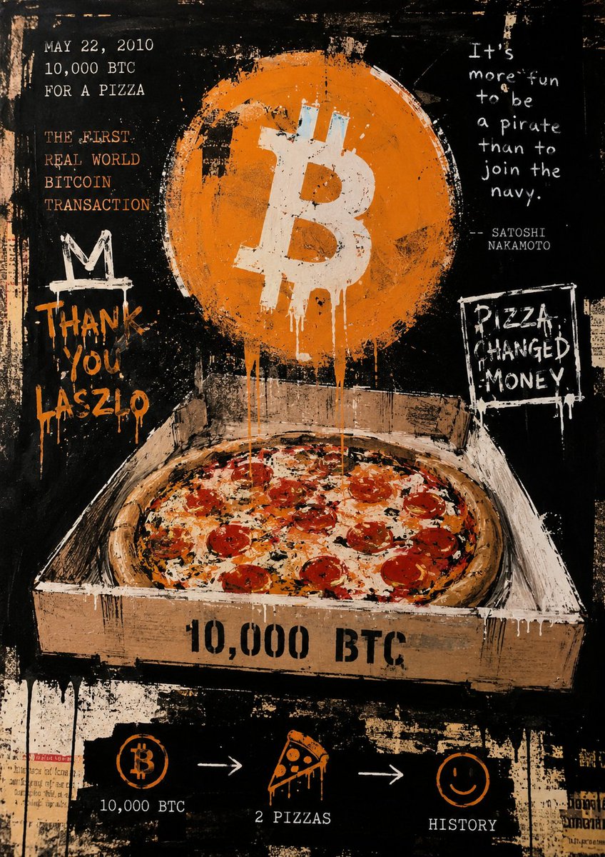 TradersTextbook's tweet photo. 🍕 Bitcoin Pizza Day 🍕

On May 22, 2010, programmer Laszlo Hanyecz made history by purchasing two pizzas for 10,000 BTC.

It was the first widely recognised real-world commercial transaction using Bitcoin.

Value then: ~$41
Value today: Hundreds of millions ~$765,710,617.50 

One pizza order that changed history on this day!