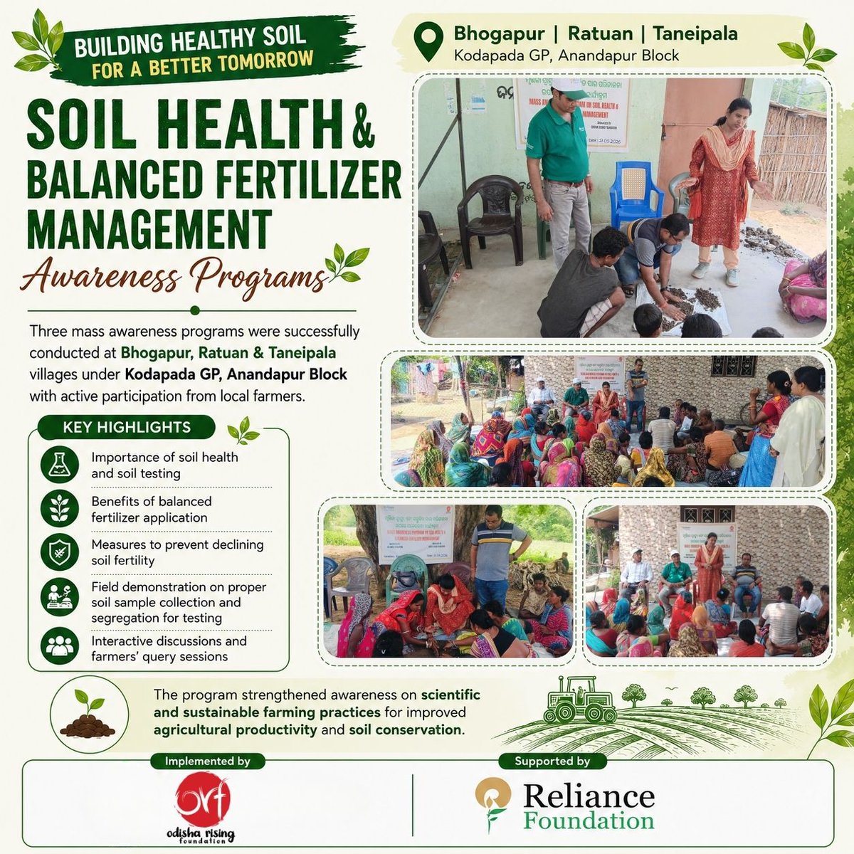 OdishaOrf's tweet photo. Mass awareness programmes on Soil Health &amp; Balanced Fertilizer Management conducted at Bhogapur, Ratuan &amp; Taneipala villages, Anandapur Block, Kendujhar, with active farmer participation. Implemented by @OdishaOrf
&amp; supported by @ril_foundation . #SoilHealth #SustainableFarming https://t.co/U0Uc5n5TW1