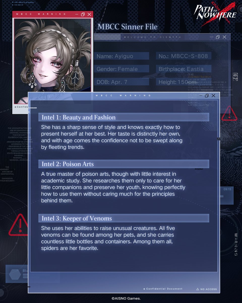 PathtoNowhereEN's tweet photo. ■ Warning [Unauthorized Access]
■ Accessing Confidential Sinner Files
■ MBCC-S-808 Ayiguo

✦ Interactive Time ✦
Chief, did Ayiguo's youthful appearance fool you when you first met her?

#PathtoNowhere #PTN #SinnerTrivia https://t.co/IfHYgU8MFy