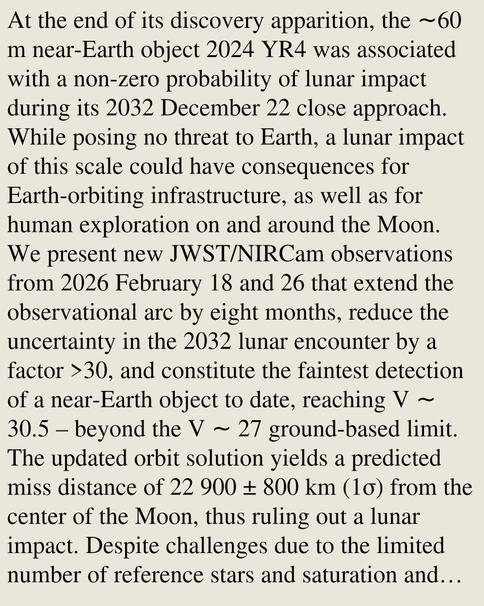 QCLN's tweet photo. JWST Observations of Asteroid 2024 YR4 Rule Out a 2032 Lunar Impact and Demonstrate a New Regime for Planetary Defense Follow-up

Julien de Wit, Andrew S. Rivkin, Marco Micheli, Davide Farnocchia, …
https://t.co/mA0VacKV5i [𝚊𝚜𝚝𝚛𝚘-𝚙𝚑.𝙴𝙿 𝚊𝚜𝚝𝚛𝚘-𝚙𝚑.𝙸𝙼] https://t.co/YtlYddry7L