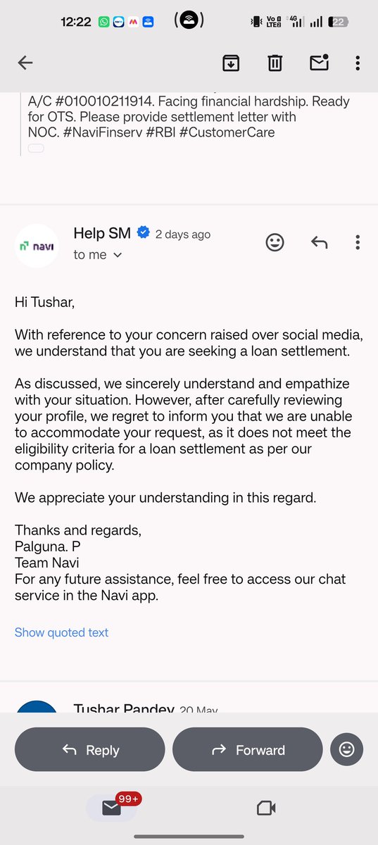 Tushar100496's tweet photo. Navi Denies OTS to 345 DPD Loan | RBI FPC Violation | Agent Visited Home
Asked for written reason for "criteria not met". No reply.
@RBI @Navi Ombudsman next if no resolution in 24hrs
LAN: 010010211914 #NaviLoan #RBIOmbudsman
@navifinance https://t.co/YbEESmIMBK