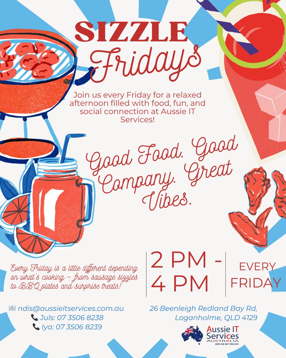 aussieitservice's tweet photo. Friday afternoons just got a whole lot tastier 🔥🍖

Sizzle Fridays @ Aussie IT Services — every Friday, 2–4PM, Loganholme QLD. BBQ, sausage sizzles &amp; surprise treats for the community.

NDIS-friendly. Always welcoming.

📞 07 3506 8238 | ndis@aussieitservices.com.au https://t.co/BMo0ps1M33