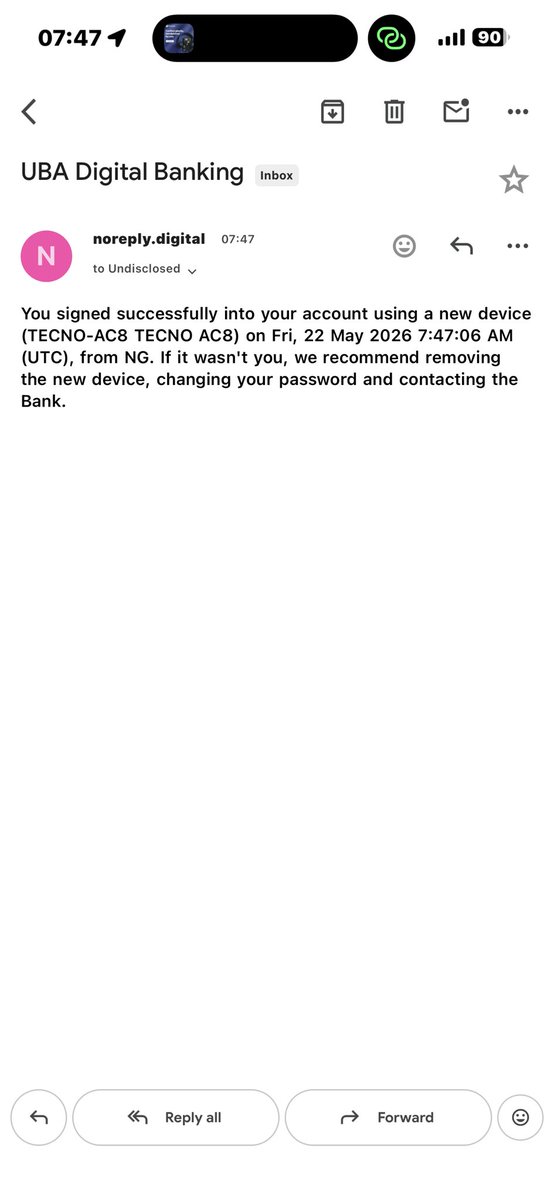 bin_P3ndrops's tweet photo. Attention @UBACares @UBAGroup 

Tried logging into my UBA app this morning and got asked for my Transaction PIN immediately after entering my password, before even completing login.

Then I received a “new device signed in successfully” email while still stuck on the PIN screen. https://t.co/zJfSr9FaCC