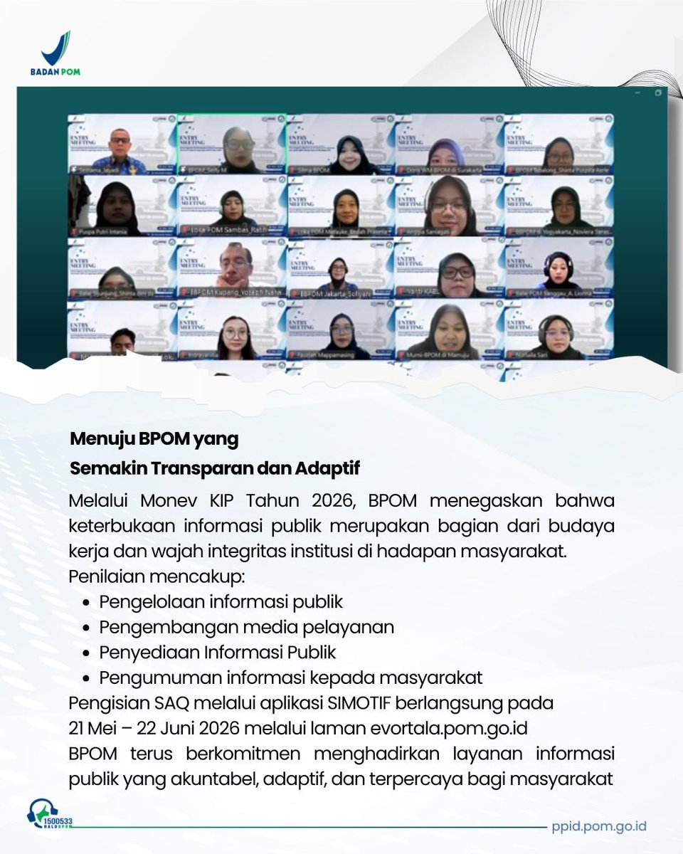 ppidbpom's tweet photo. BPOM optimis seluruh PPID Pelaksana dapat mencapai kategori Informatif pada tahun 2026.

#BPOMRI
#ppidbpom
#MonevkipBPOM2026
#transparansibpom
#pelayananinformasipublik
#Keterbukaaninformasi https://t.co/uNCkNNcdK8