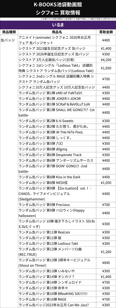 買取情報】 🎼シクフォニ🎼 💜 いるま さん 📢 缶バッジ 各種 16弾