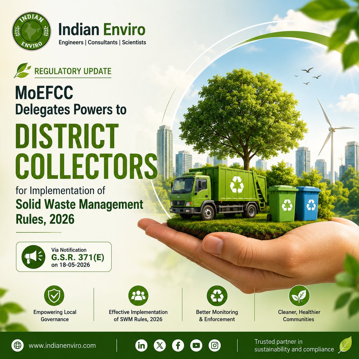 IndianEnviro's tweet photo. 📢 MoEFCC delegates powers to District Collectors for implementation of SWM Rules, 2026 under the Environment (Protection) Act, 1986.

A key step towards stronger local governance &amp; better waste management across India. ♻️🇮🇳

#IndianEnviro #SWMRules2026 #MoEFCC #WasteManagement https://t.co/4VxWWHa8K3